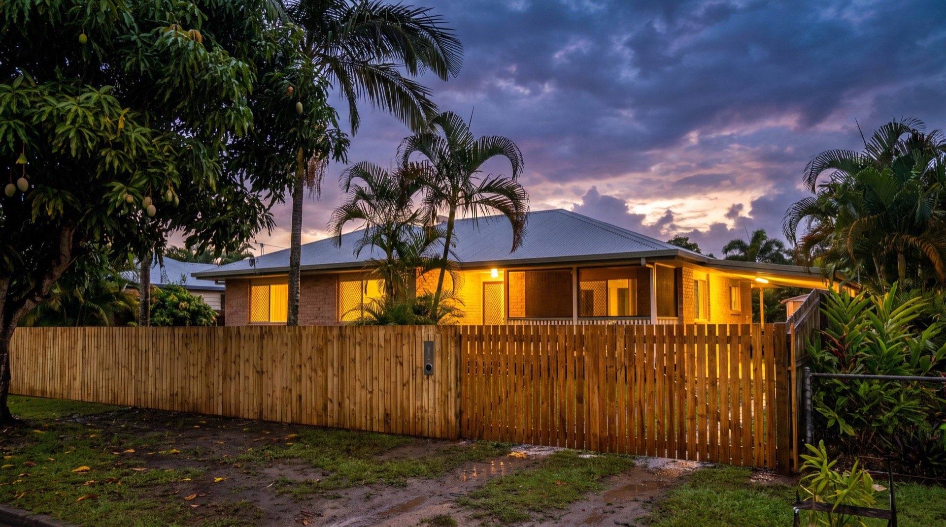A timber fence and gate beside a Queensland home at dusk