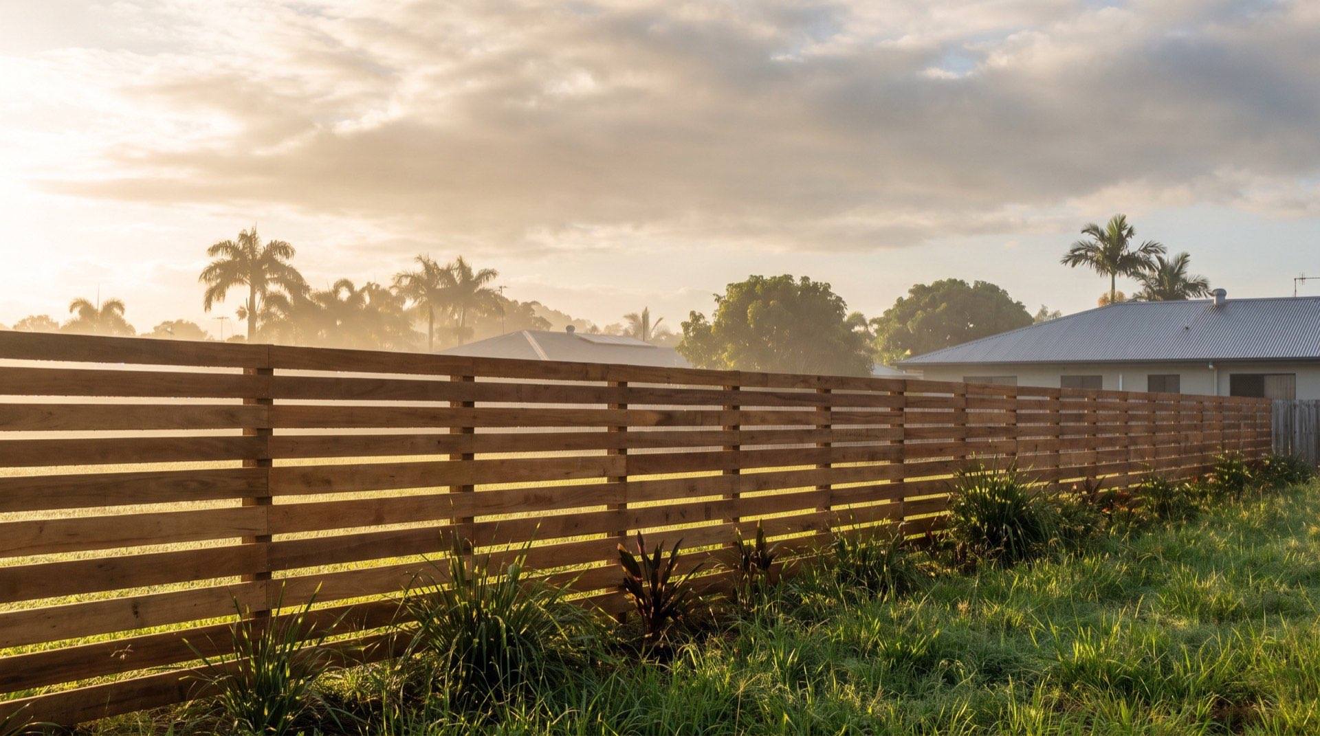 Early morning light through a timber fence beside a green tropical lawn