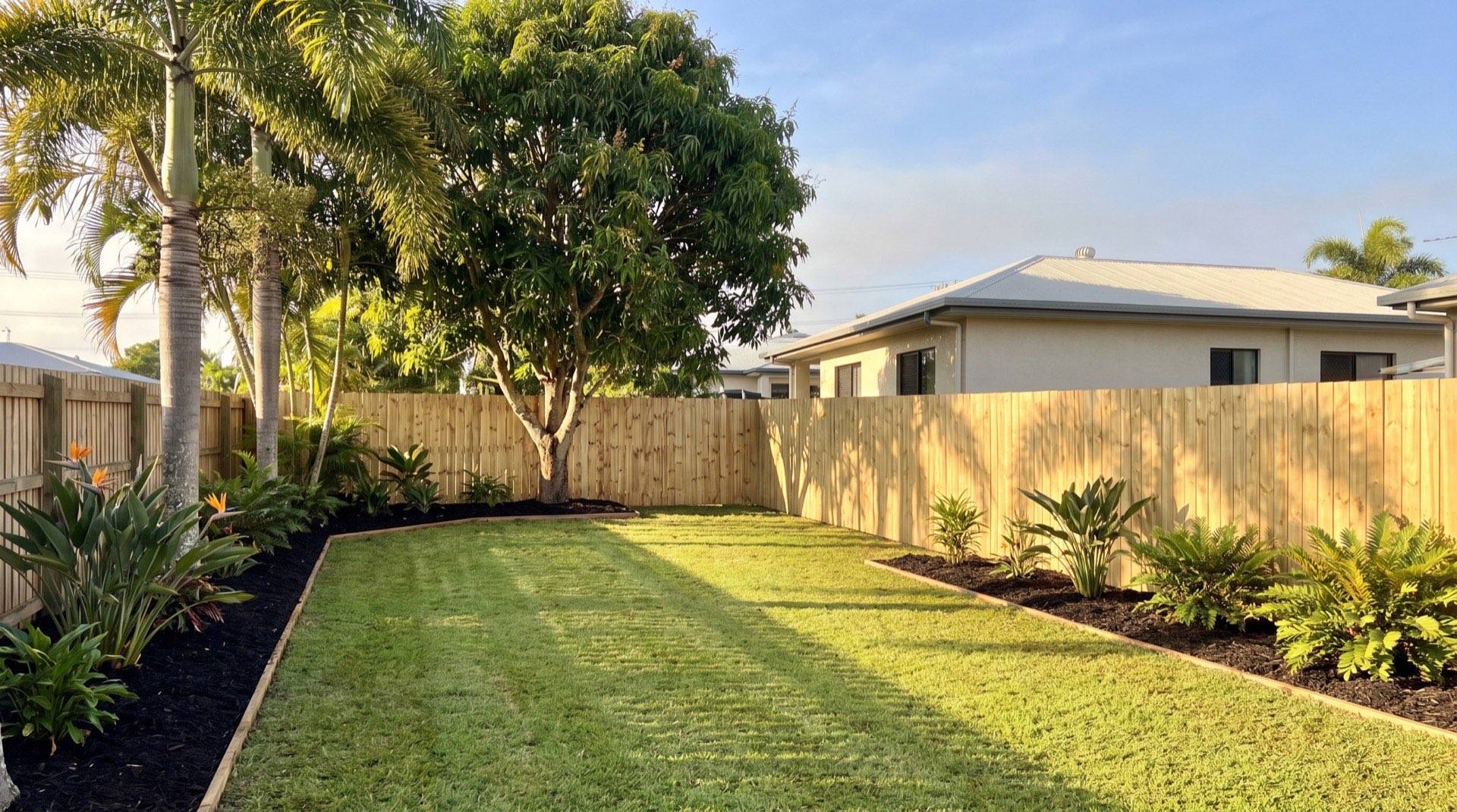 A tidied tropical backyard with a new timber fence along the boundary