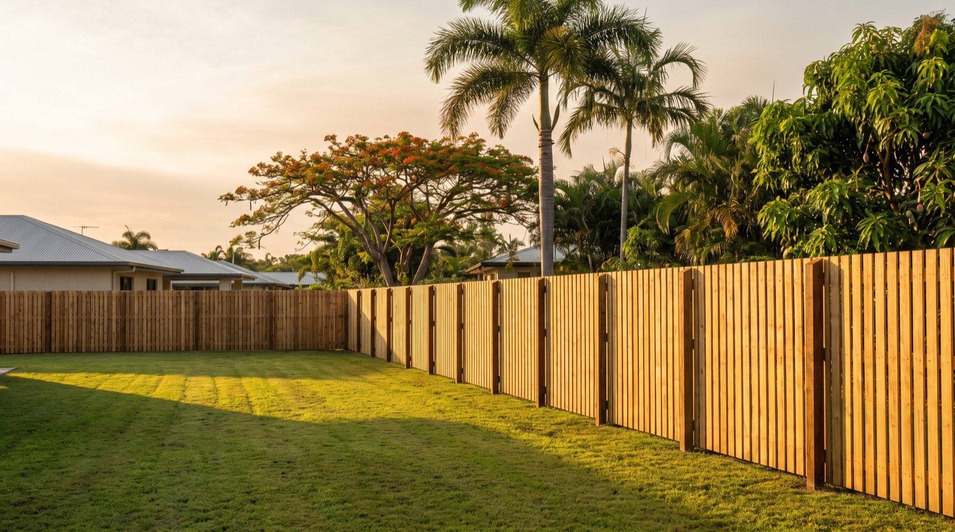 A timber paling fence running the length of a tropical Queensland backyard in late afternoon light