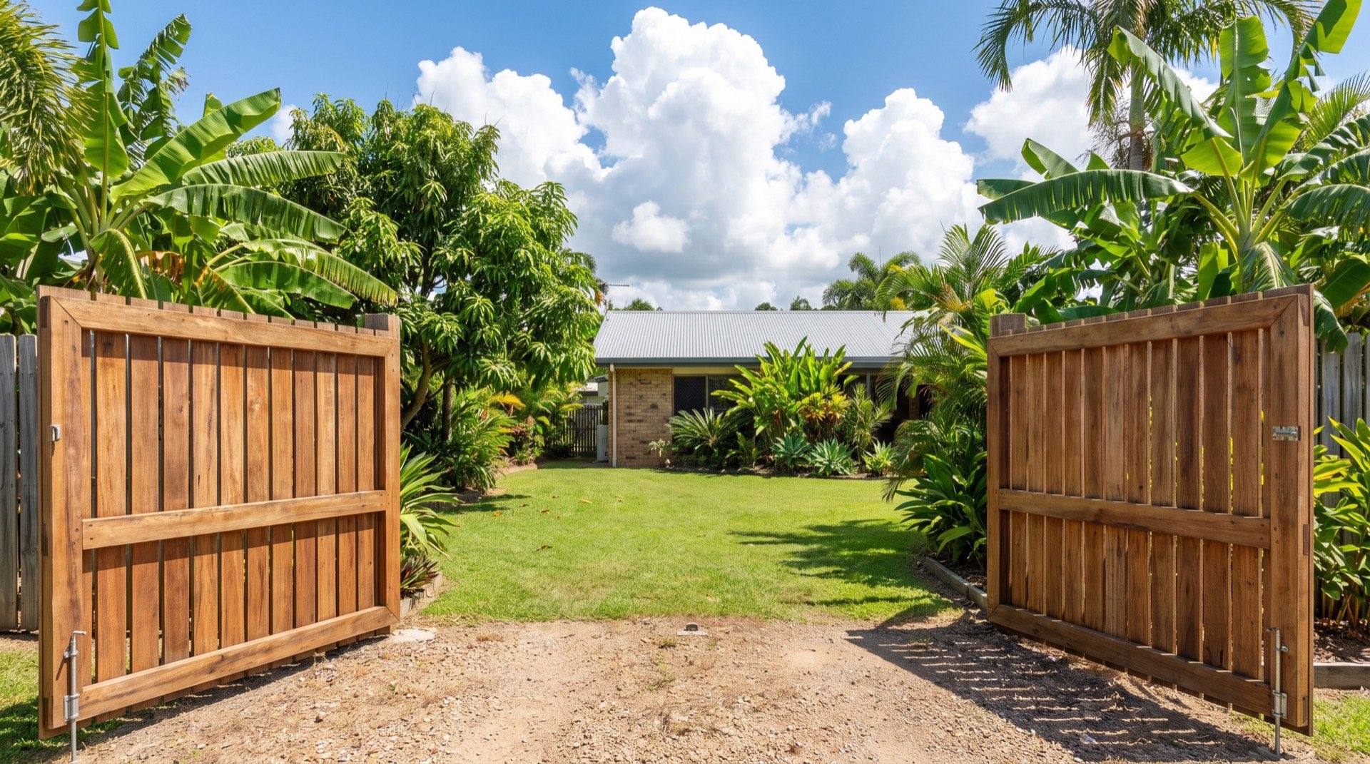 A timber double gate across a driveway with tropical garden behind