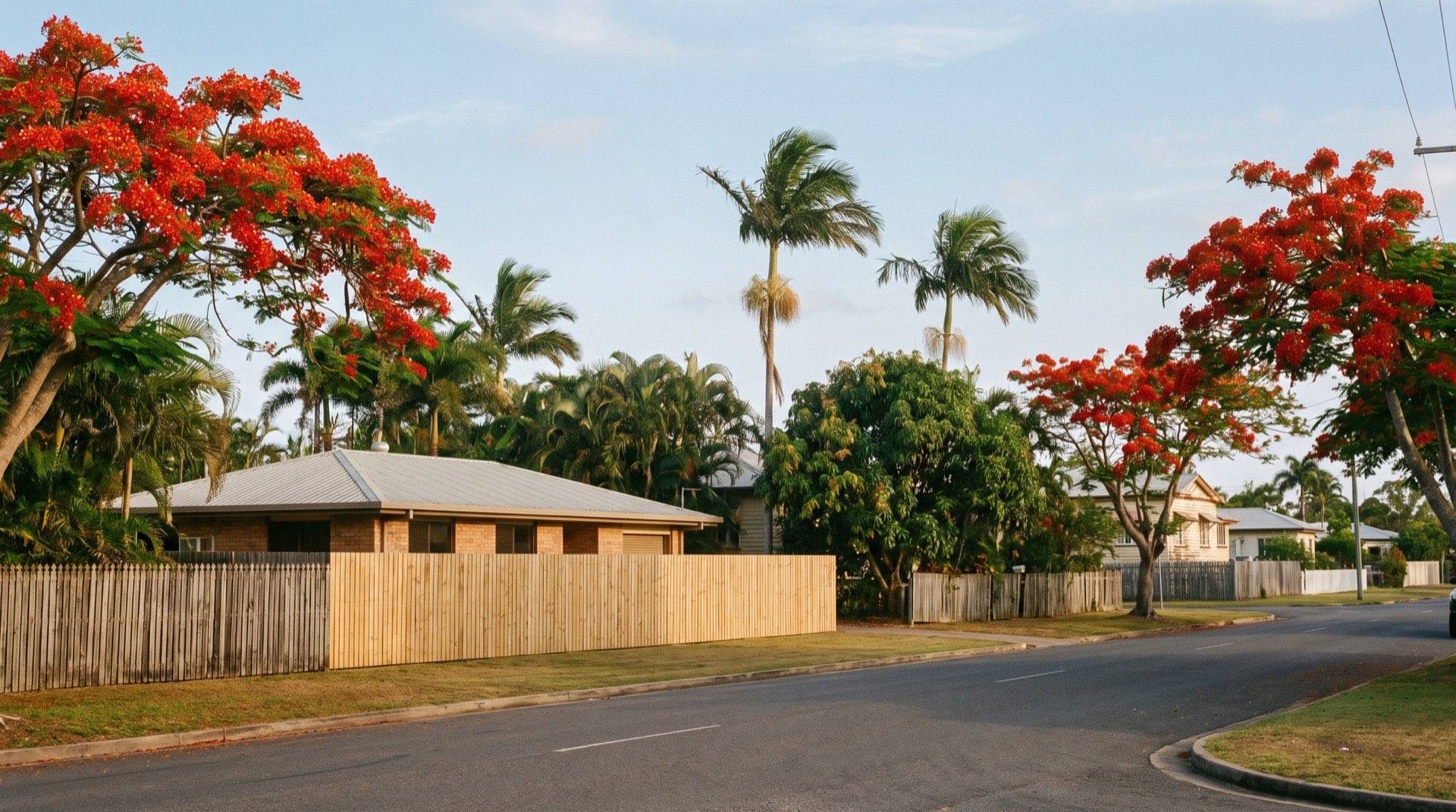 A Mackay street of timber front fences with poinciana trees in flower