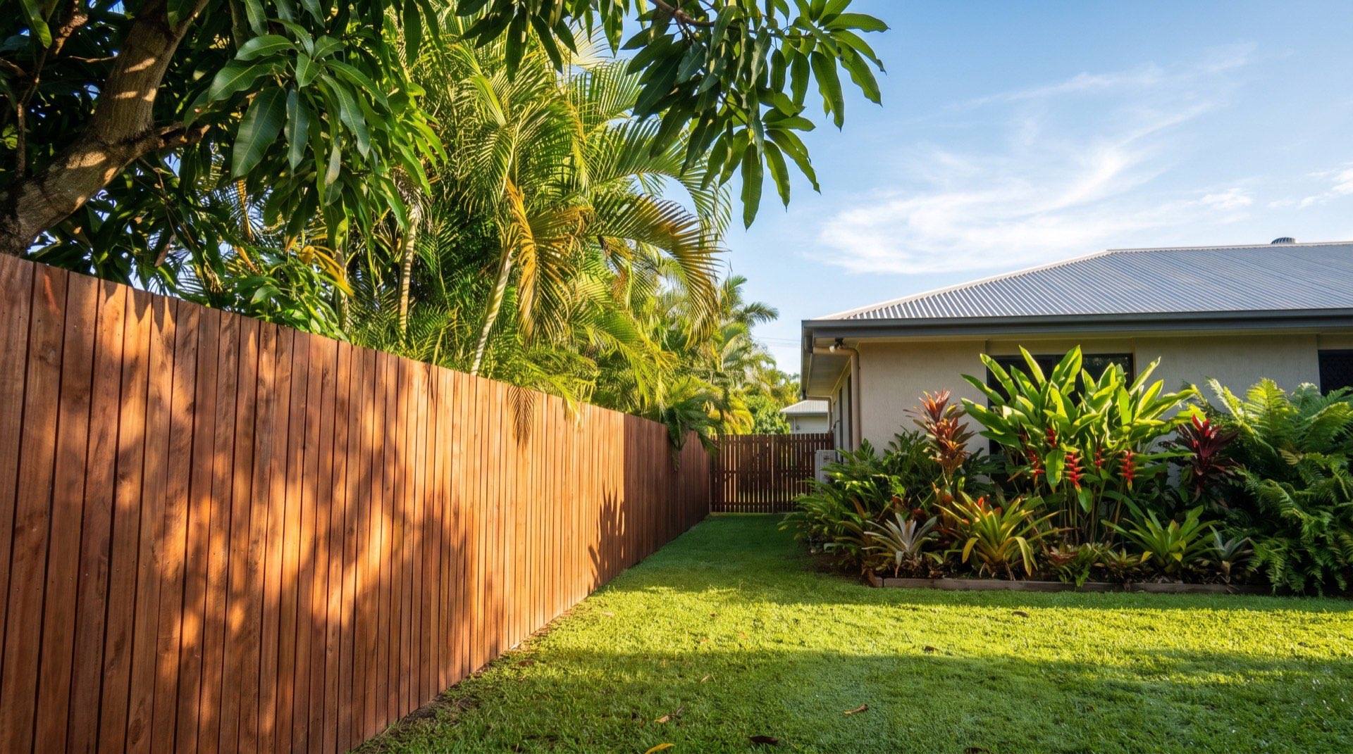 A timber paling fence beside a tropical Queensland garden