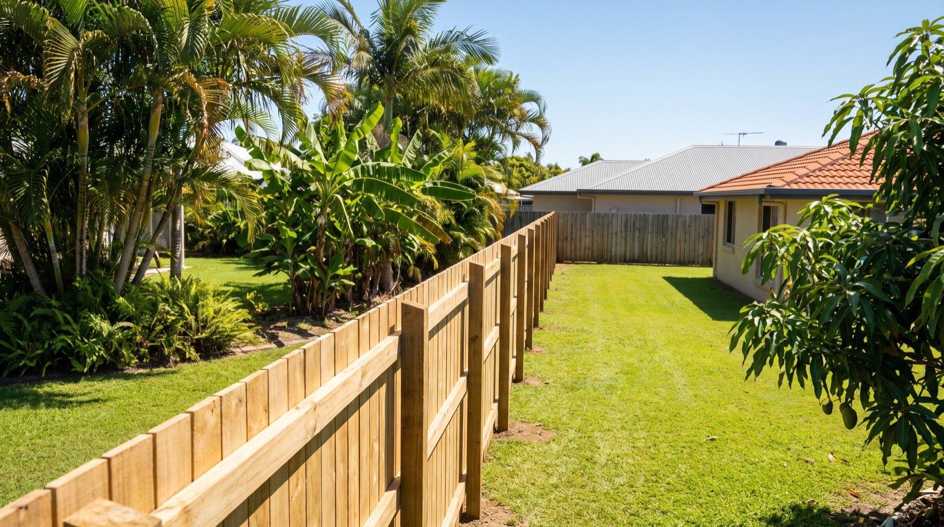 A straight timber paling fence running along a tropical Queensland backyard